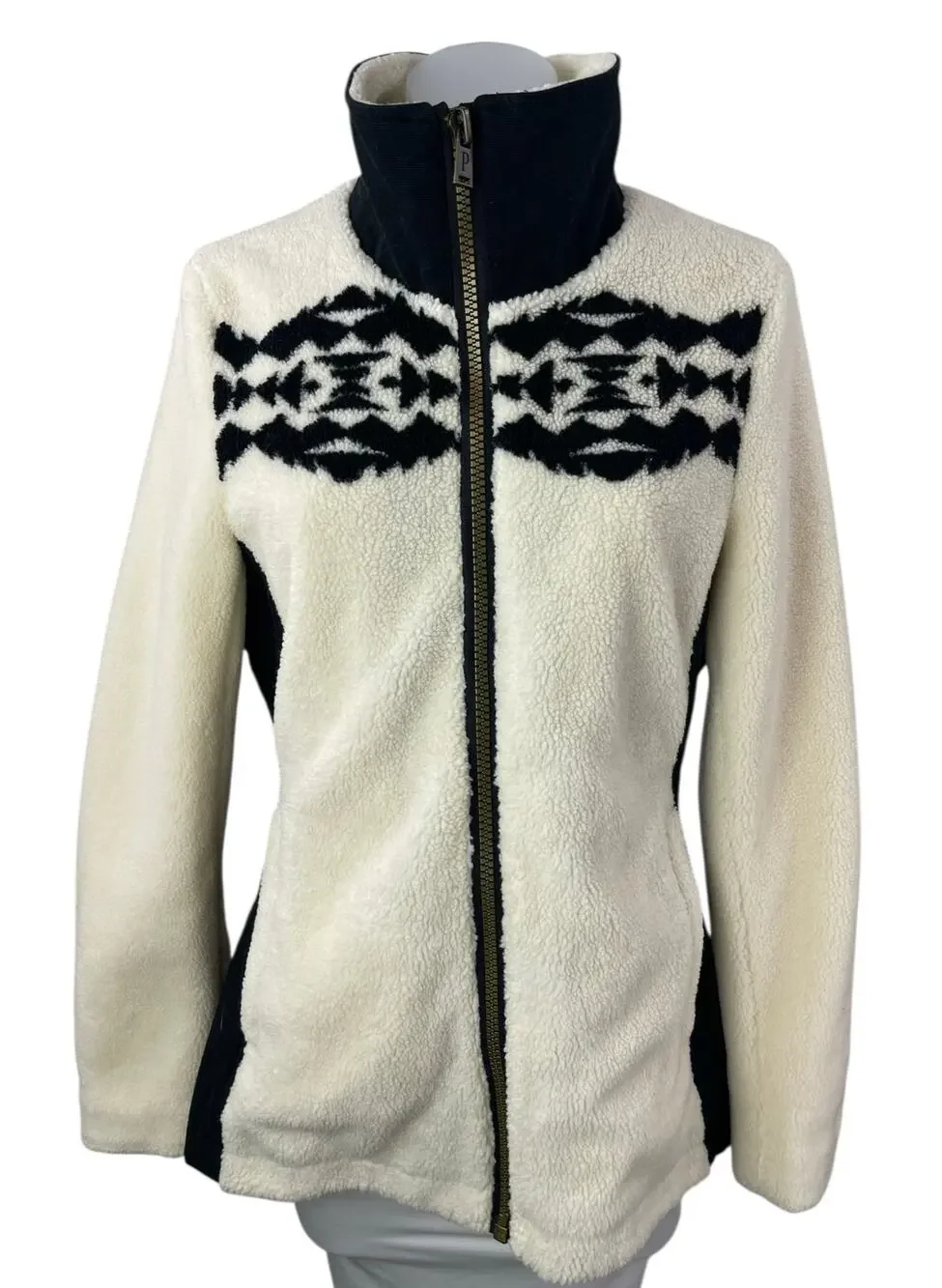 Pendleton Cream Sherpa Fleece Geometric Zip Up Long Sleeve Sweater Coat Jacket S